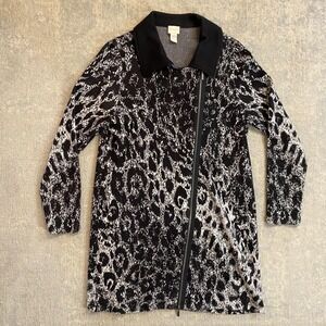 Chicos Coatigan Jacket Womens 2 Black Leopard Knit Full Zip Collared Longline